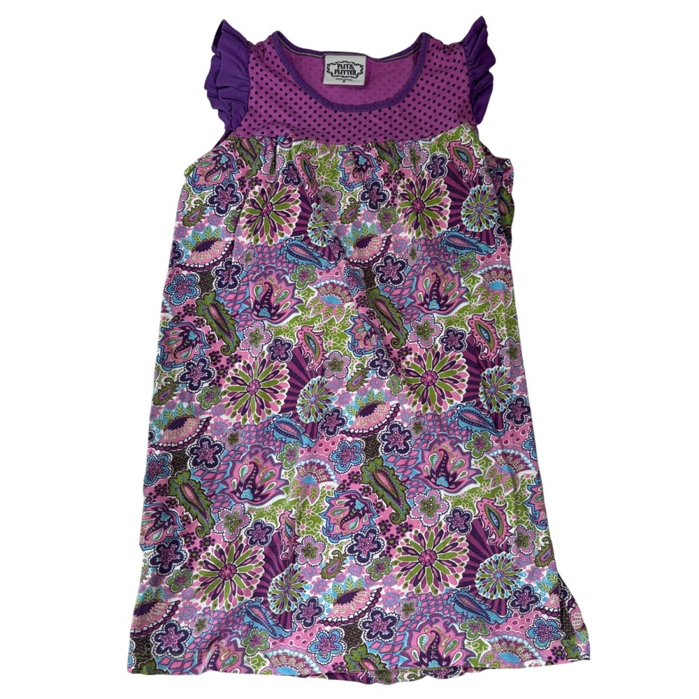 Flit & Flitter Y2K Polka Dot Girls Purple Floral Paisley Ruffle Cotton Dress 8